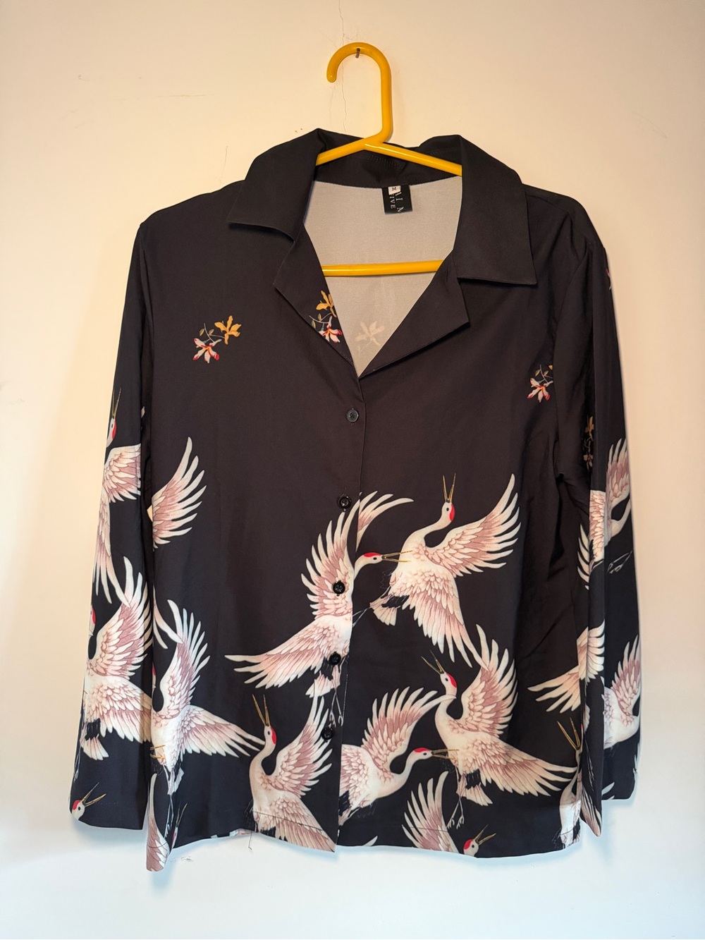 Lai Meng Five Cats Crane Print Button-Up Blouse - Black & White - M